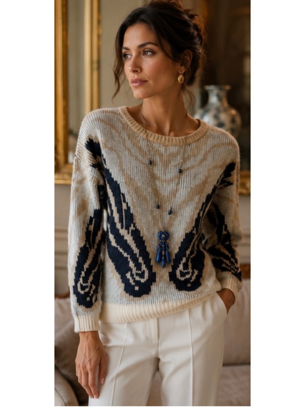 Women's Altuzarra Crew Neck Sweater Size S Beige Black Patterned Luxury Chic